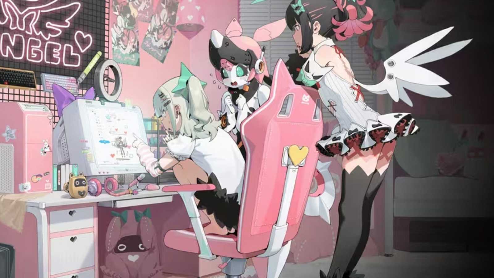 Virtual Idols looking at a PC in Zenless Zone Zero