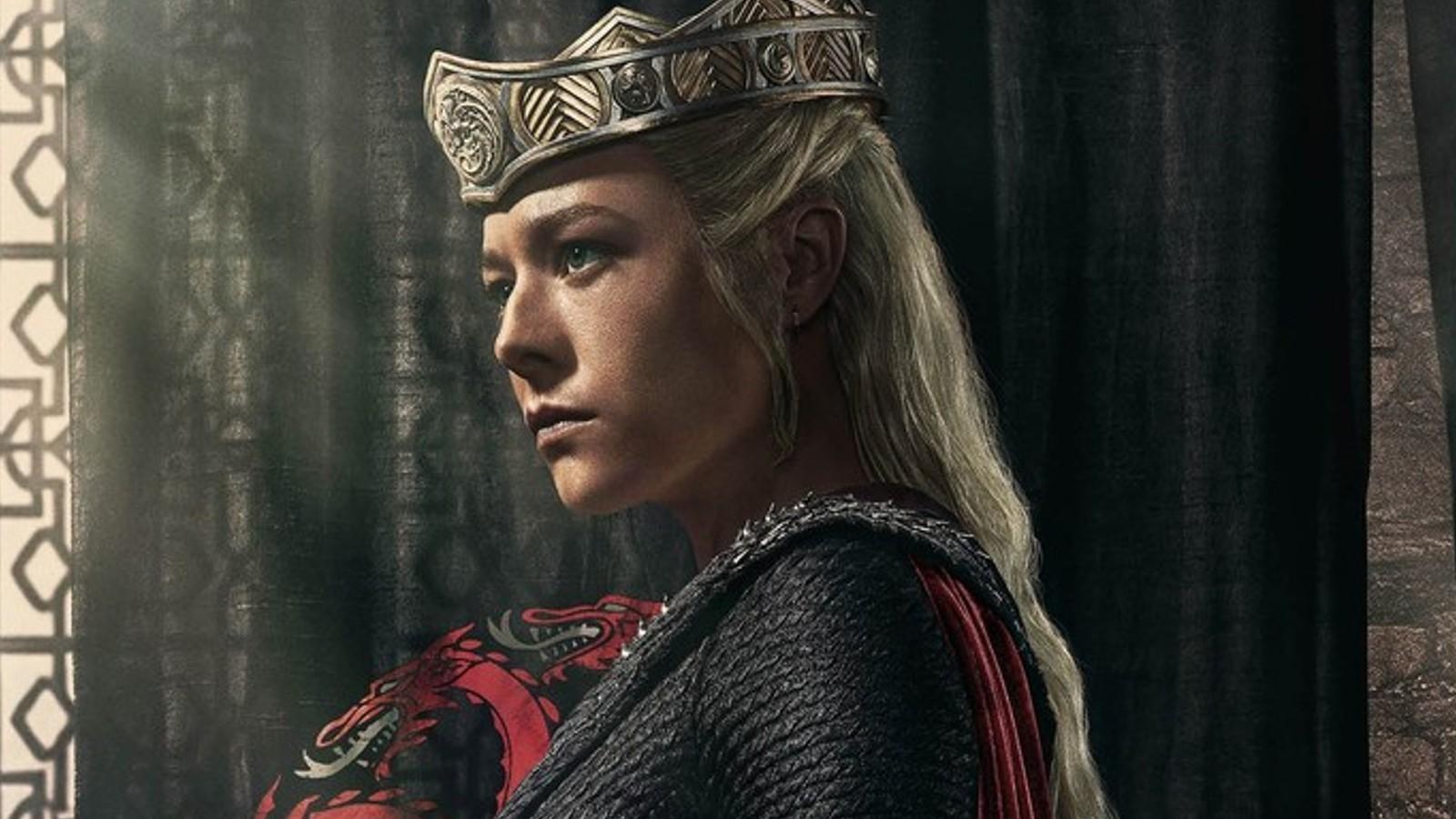 Rhaenyra in House of the Dragon with the Targaryen sigil behind her