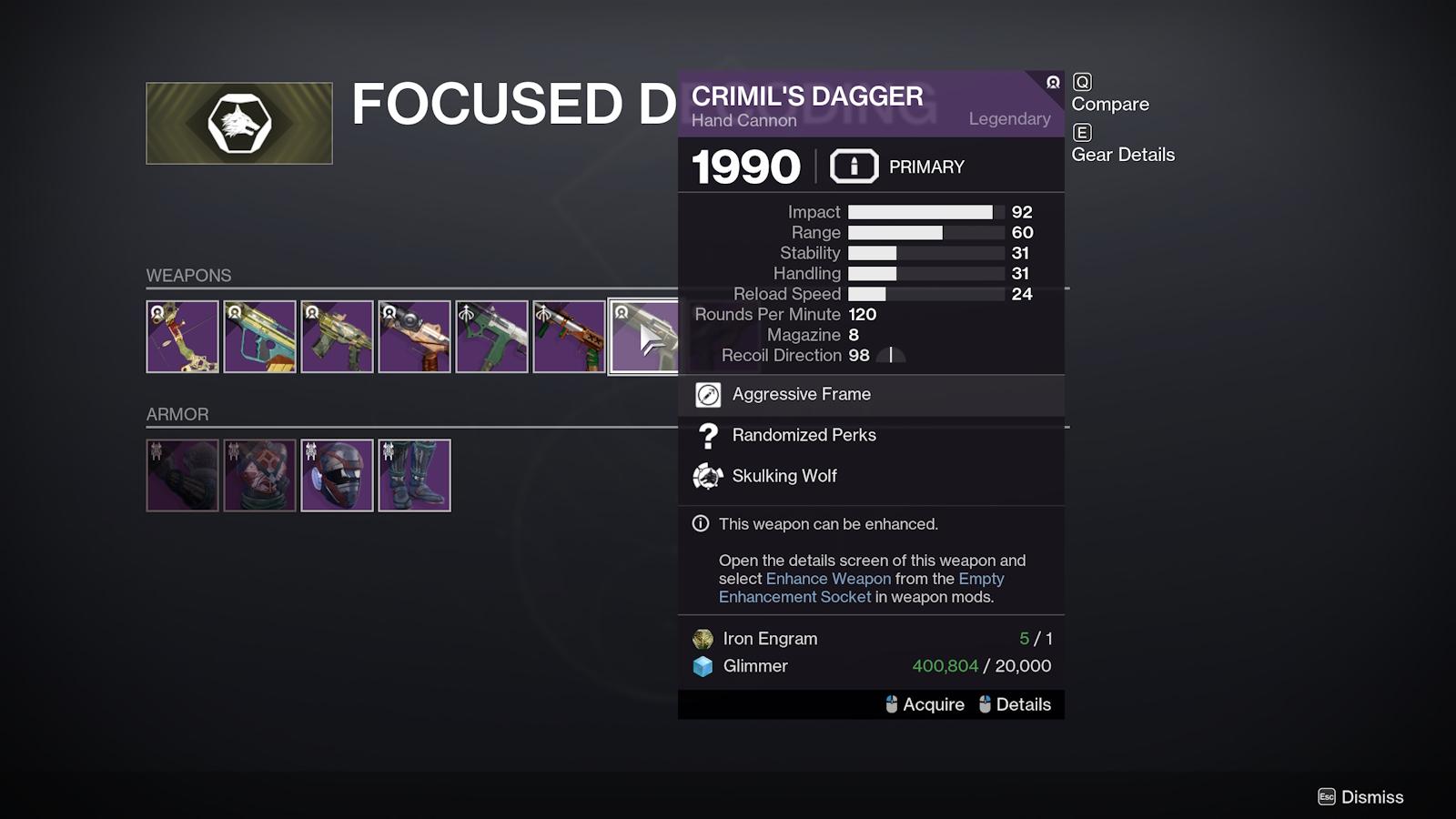 Focusing Crimil's Dagger at Destiny 2's Iron Banner vendor.