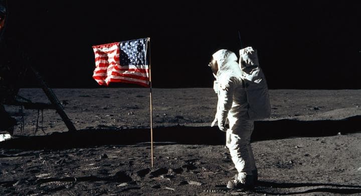 Buzz Aldrin salutes the US flag during the Apollo 11 Moon landing.