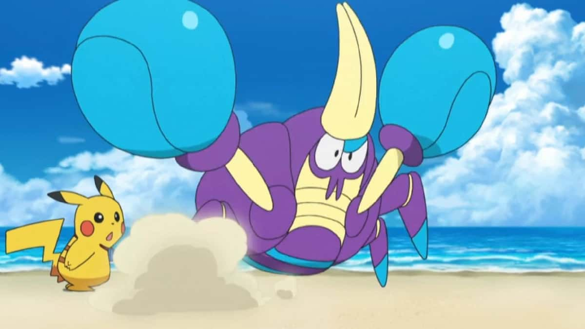 A screenshot from the Pokemon anime shows the creature Crabrawler