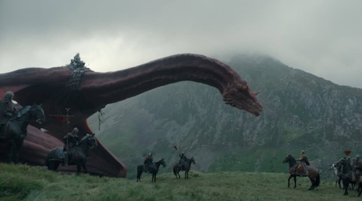 House of the Dragon Episode 5: Daemon sits on his dragon in front of men with horses