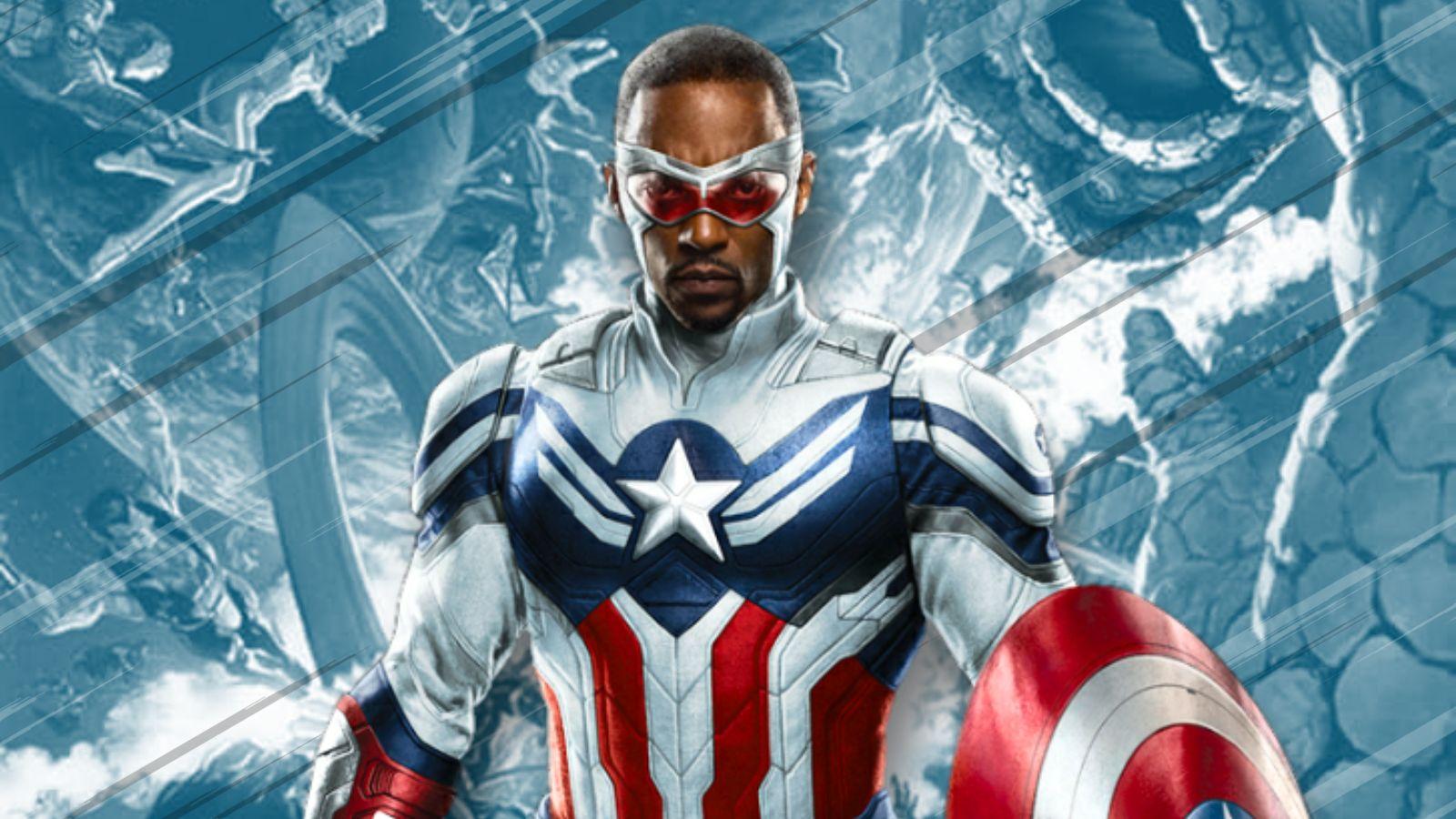 Anthony Mackie as Captain America in front of a Secret Wars cover.