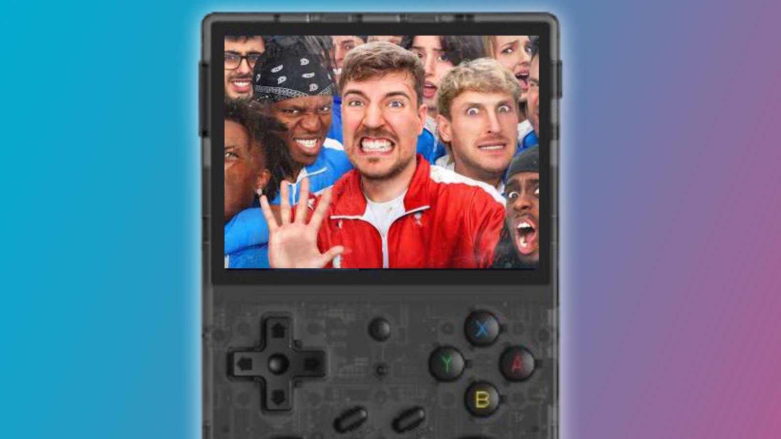 A thumbnail for a MrBeast on the display of an Anbernic handheld, with a blue and pink background.