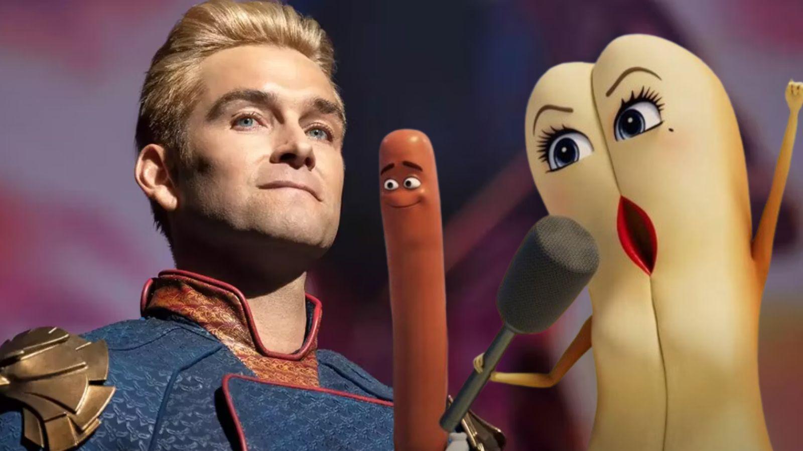 A still of Homelander in The Boys and Sausage Party Foodtopia