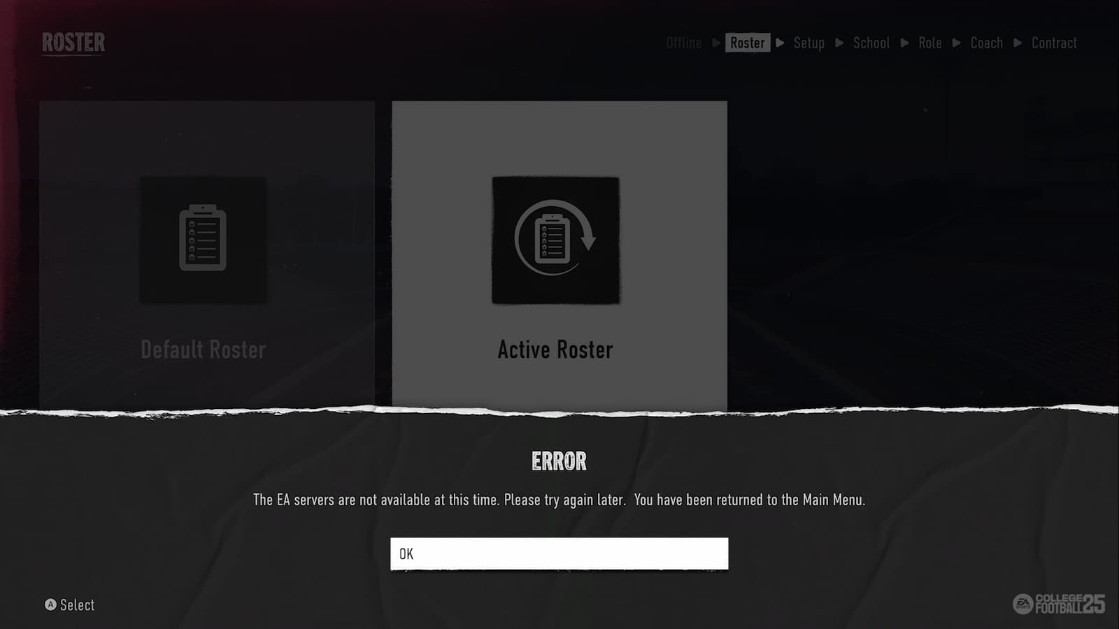 Roster server error College Football 25