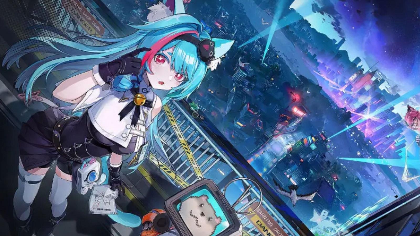Anime girl with blue hair in a city