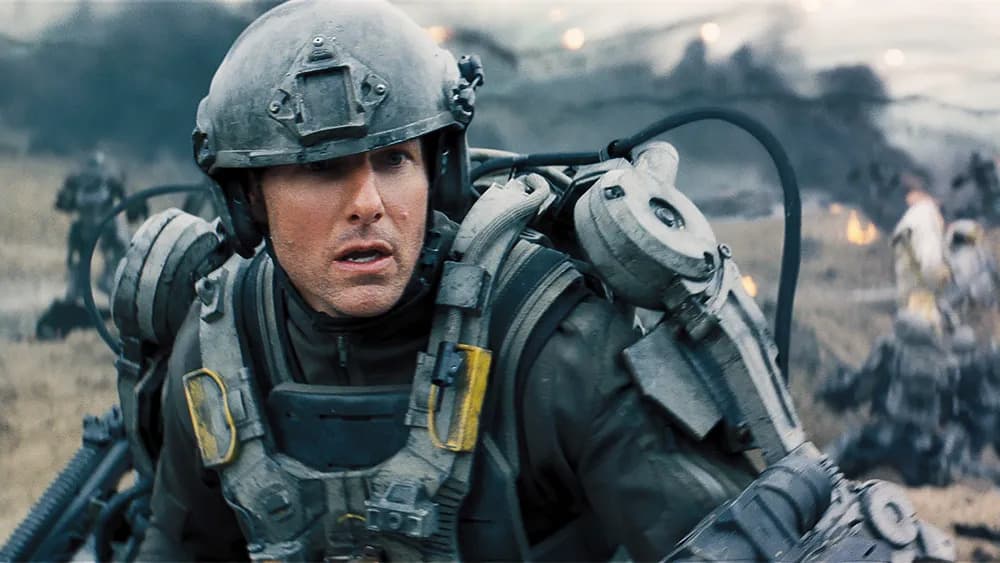 Tom Cruise as Major William Cage in Edge of Tomrorow, wearing an armored suit