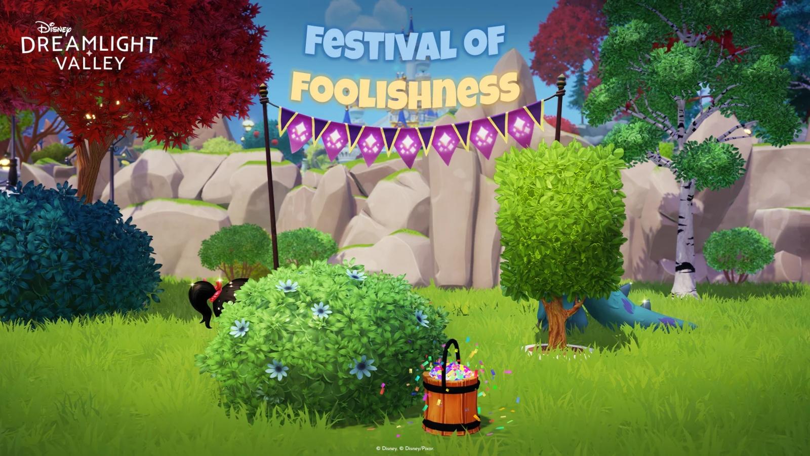 Key art for The Festival of Foolishness 2024 featuring Vanellope and Sully hiding.