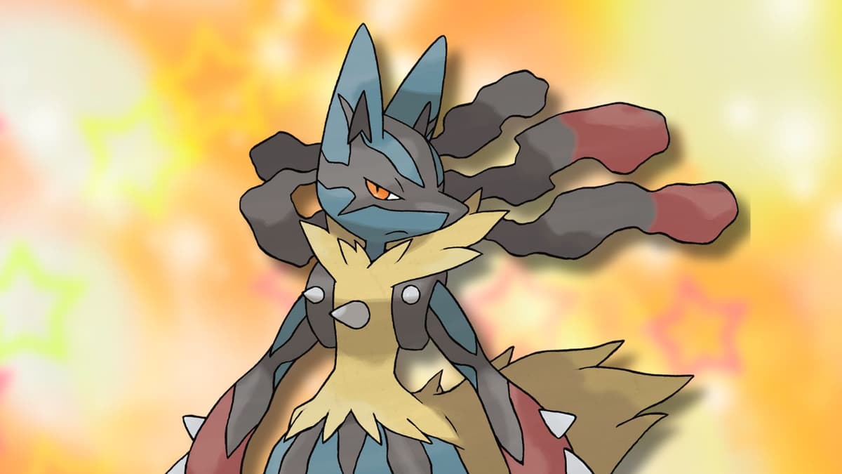 Mega Lucario with sparkly Pokemon anime background.