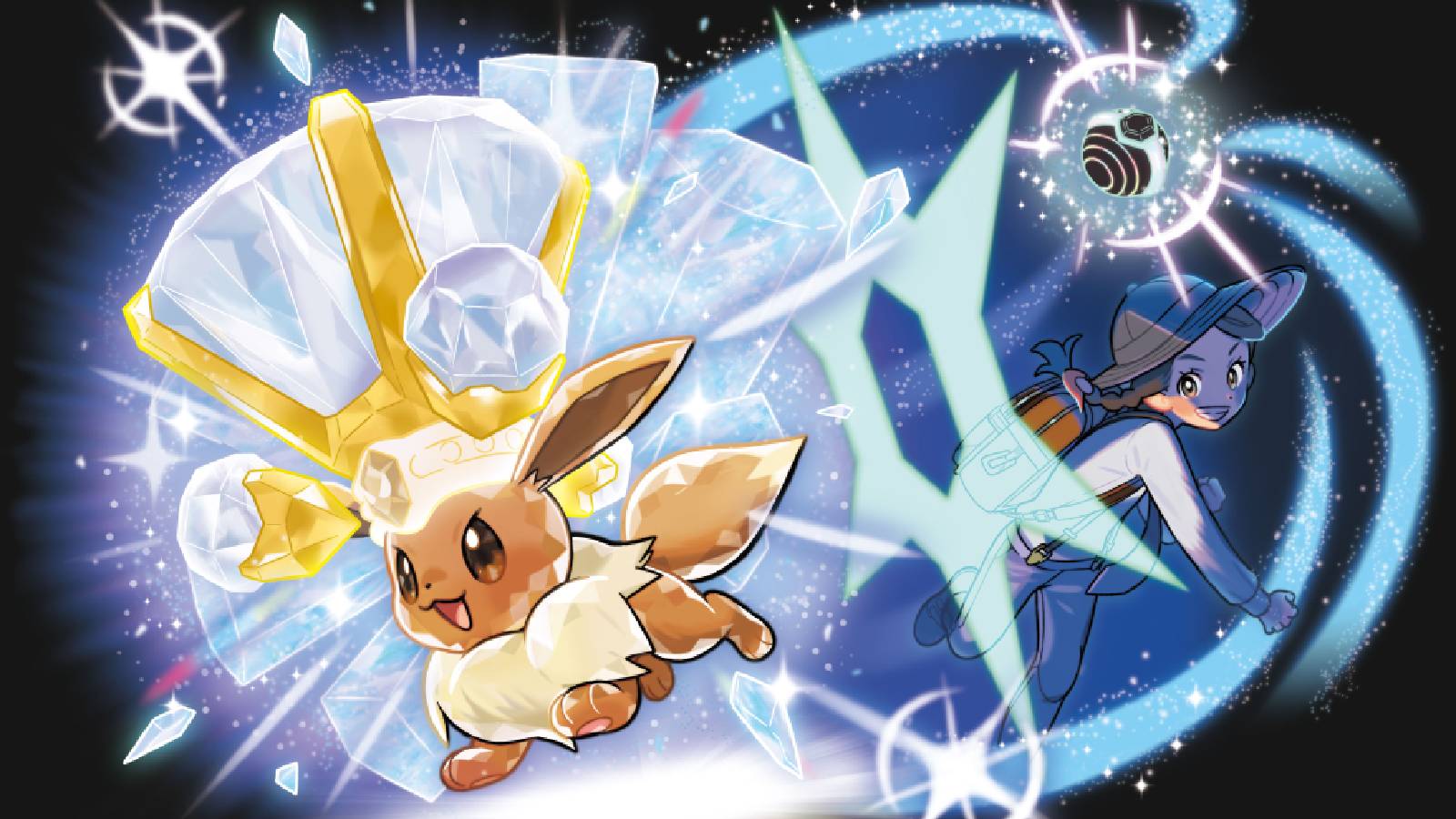 Pokemon Scarlet & Violet key art shows a Trainer using an Eevee in a Tera Raid