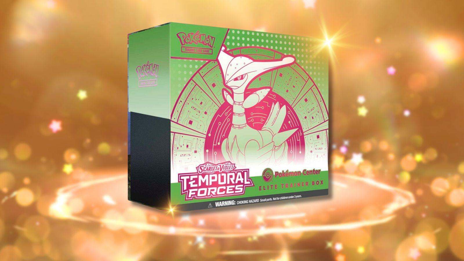 Temporal Forces ETB with sparkly Pokemon anime background.