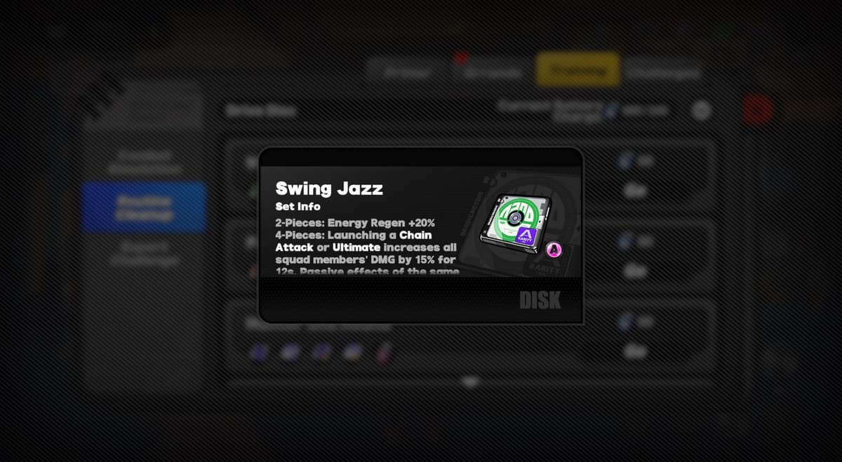 A screenshot of the Swing Jazz Drive Disc from Zenless Zone Zero.