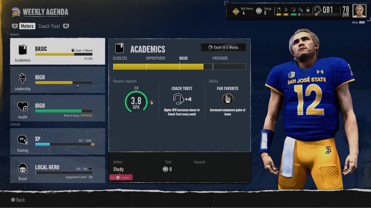 An image of the player menu in Road to Glory mode in College Football 25.