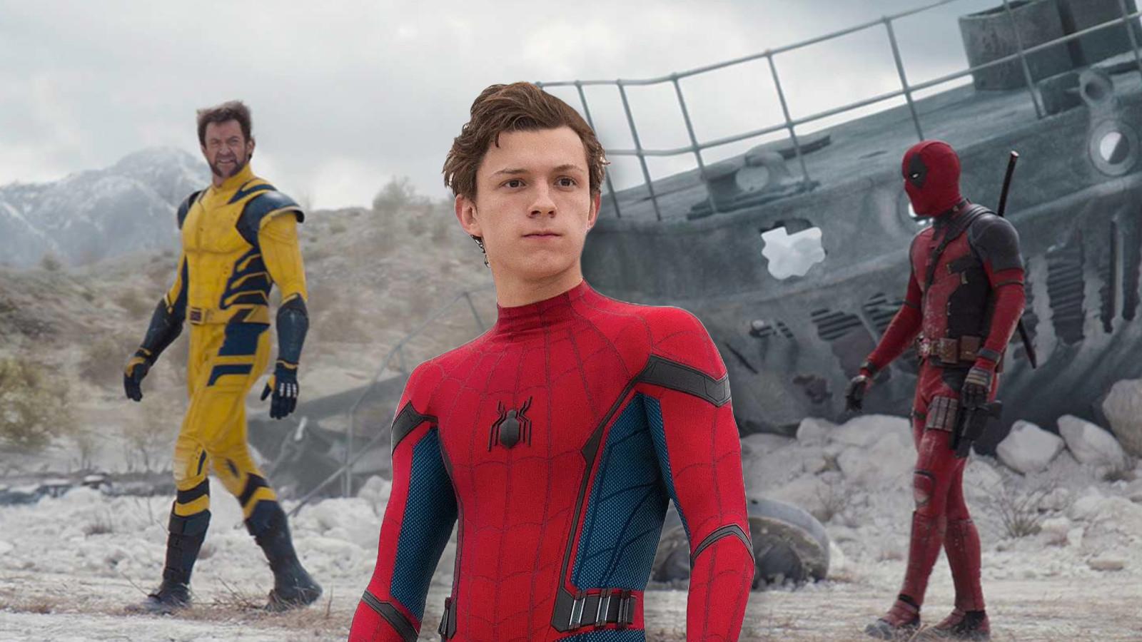 Tom Holland as Spider-Man with Deadpool and Wolverine walking around in the background