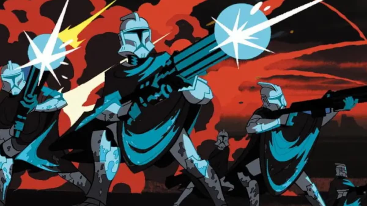 Clone troopers fire their blasters