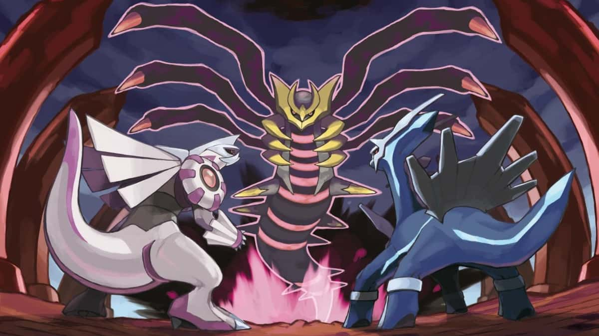 Official artwork of Dialga and Palkia looking up at Giratina