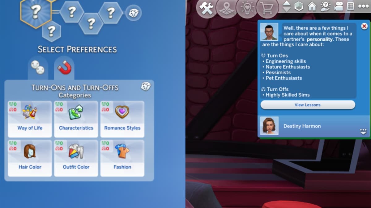 A screenshot featuring Turn Ons and Turn Offs in The Sims 4 Lovestruck.