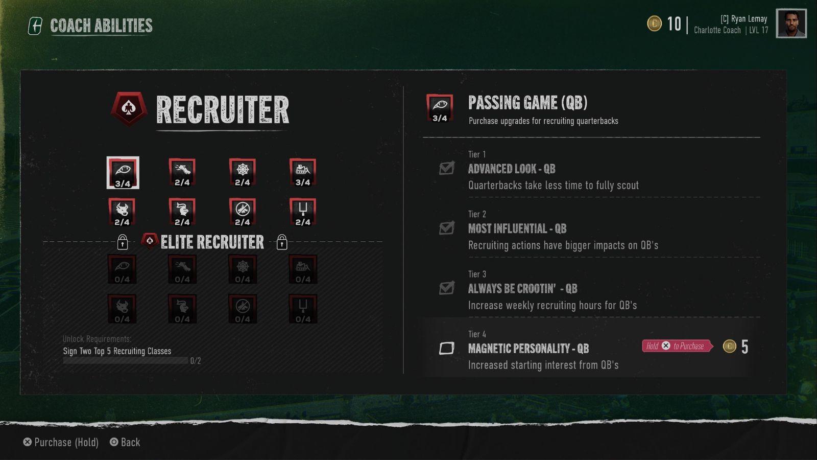 An image of the Recruiter archetype menu in College Football 25.