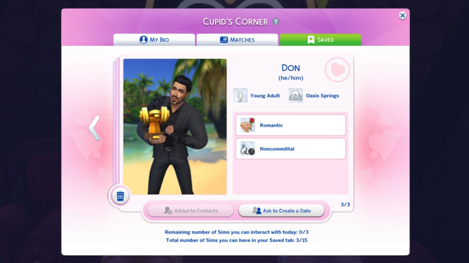 A screenshot featuring the Cupid's Corner app in The Sims 4 Lovestruck.