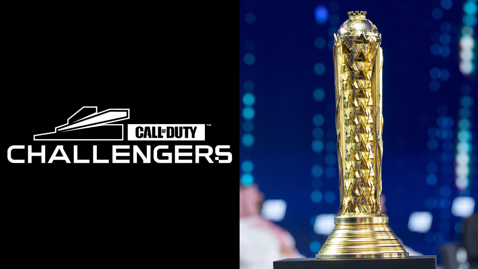 Side by side image of Call of Duty Challengers logo and the Esports World Cup trophy