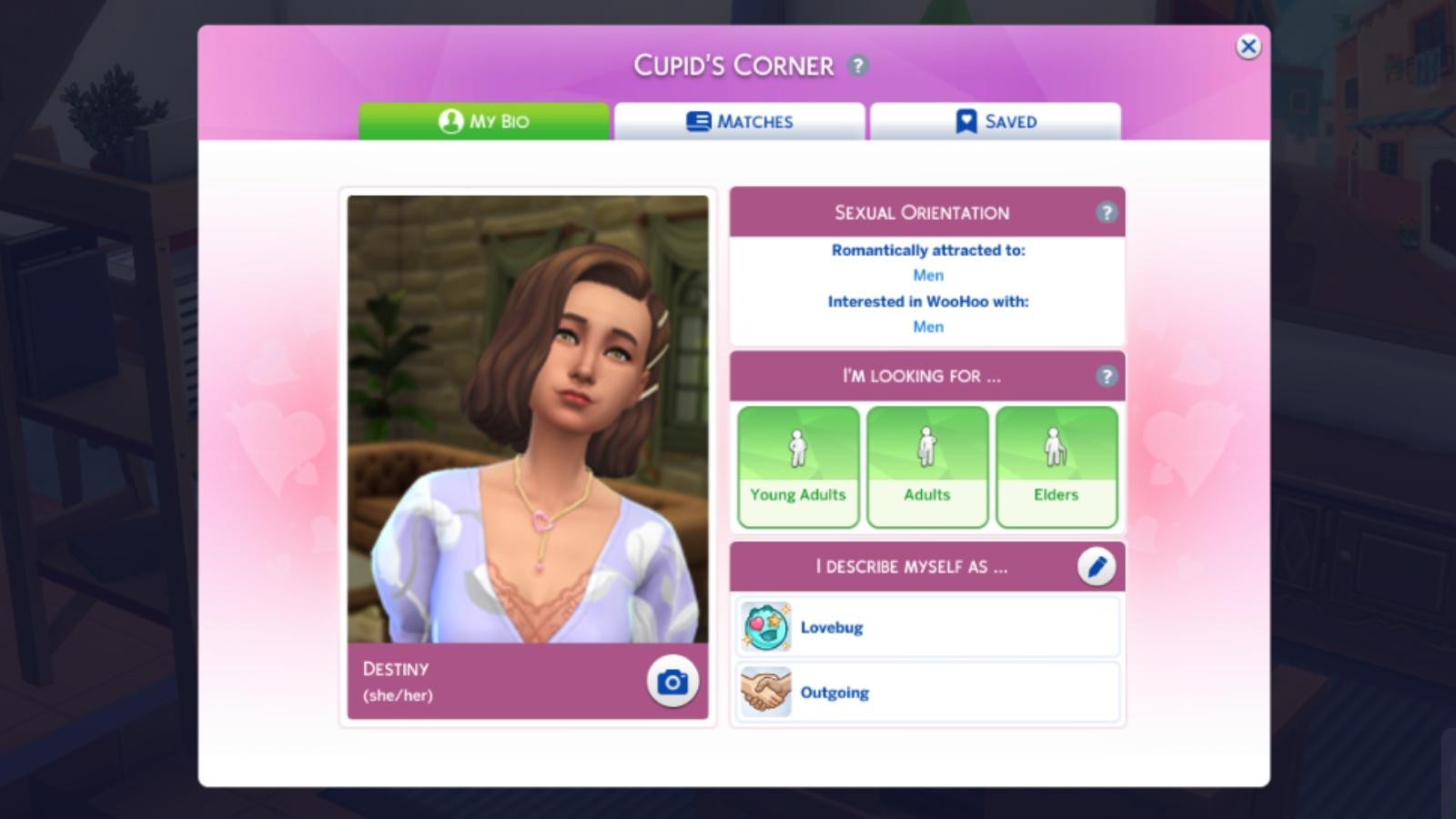 A screenshot featuring the Cupid's Corner dating app in The Sims 4.