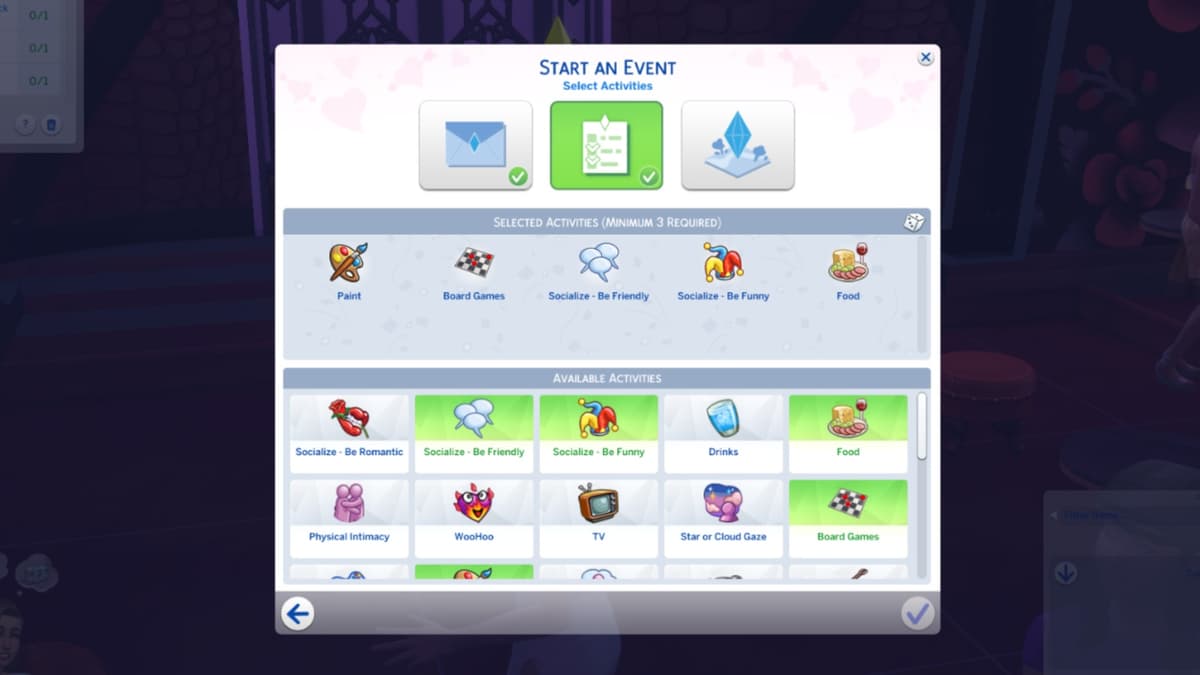 A screenshot featuring different date activities in The Sims 4 Lovestruck.