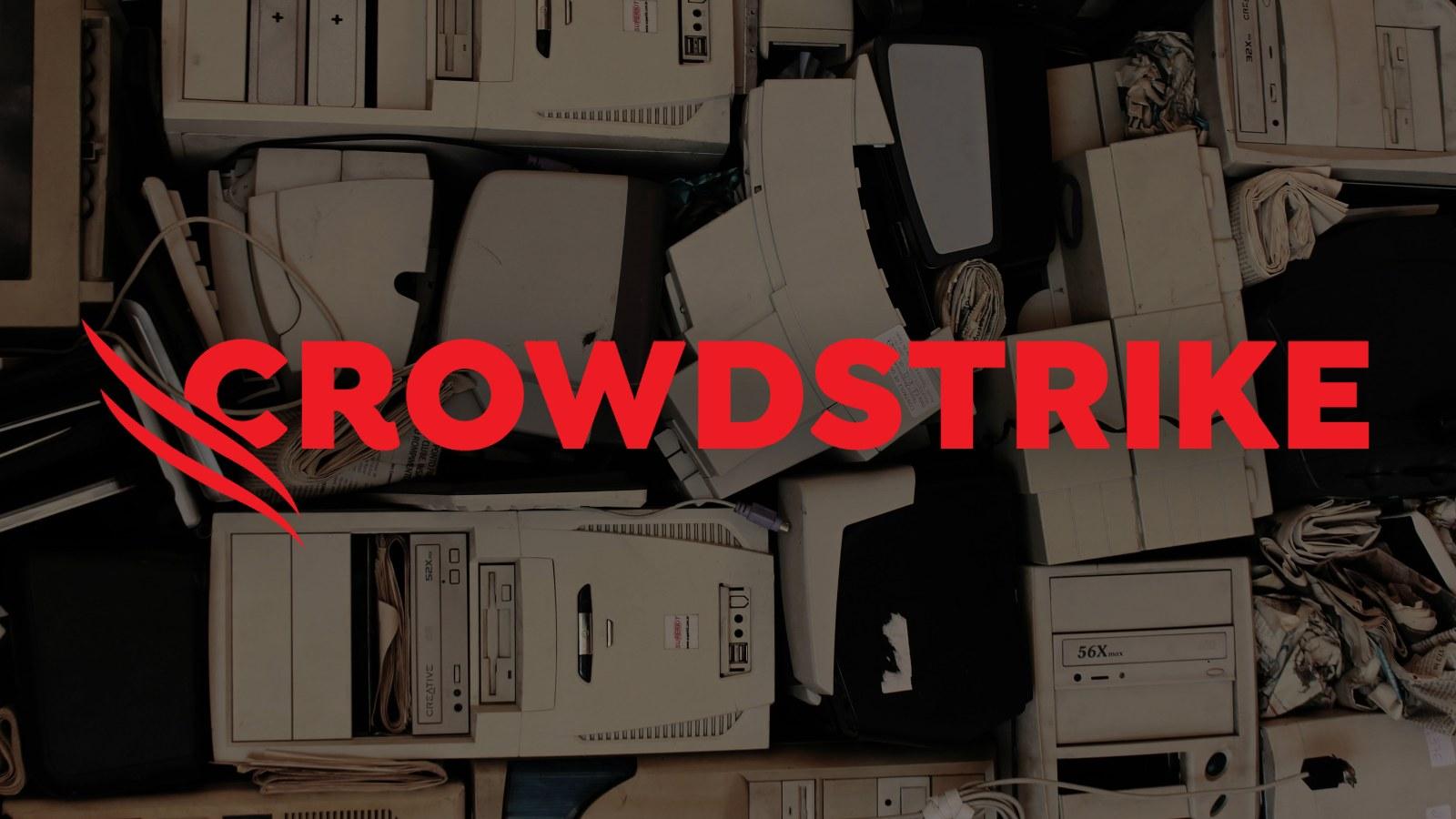 Crowdstrike red logo on faded background of broken computers