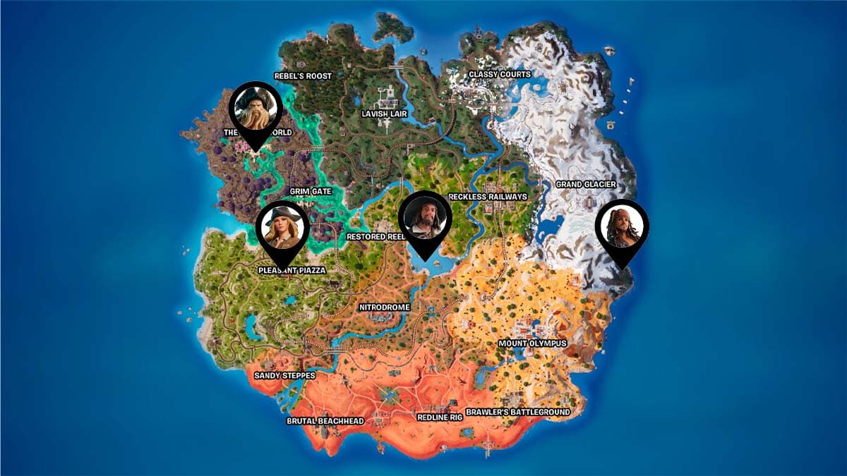 Carte de la saison 3 du chapitre 5 de Fortnite avec les PNJ de Pirates des Caraïbes