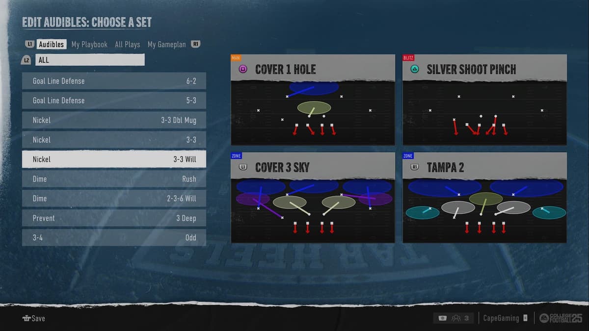 An image of the 3-3-5 CFB playbook, one of the best defense playbooks in NCAA 25.