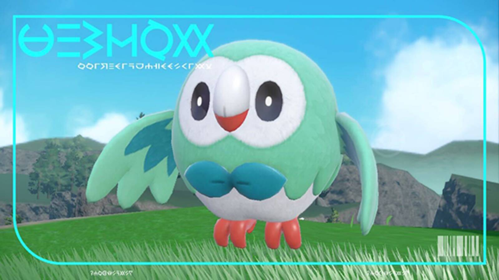 A screenshot from Pokemon Scarlet & Violet shows a Shiny version of Rowlet, the owl Pokemon