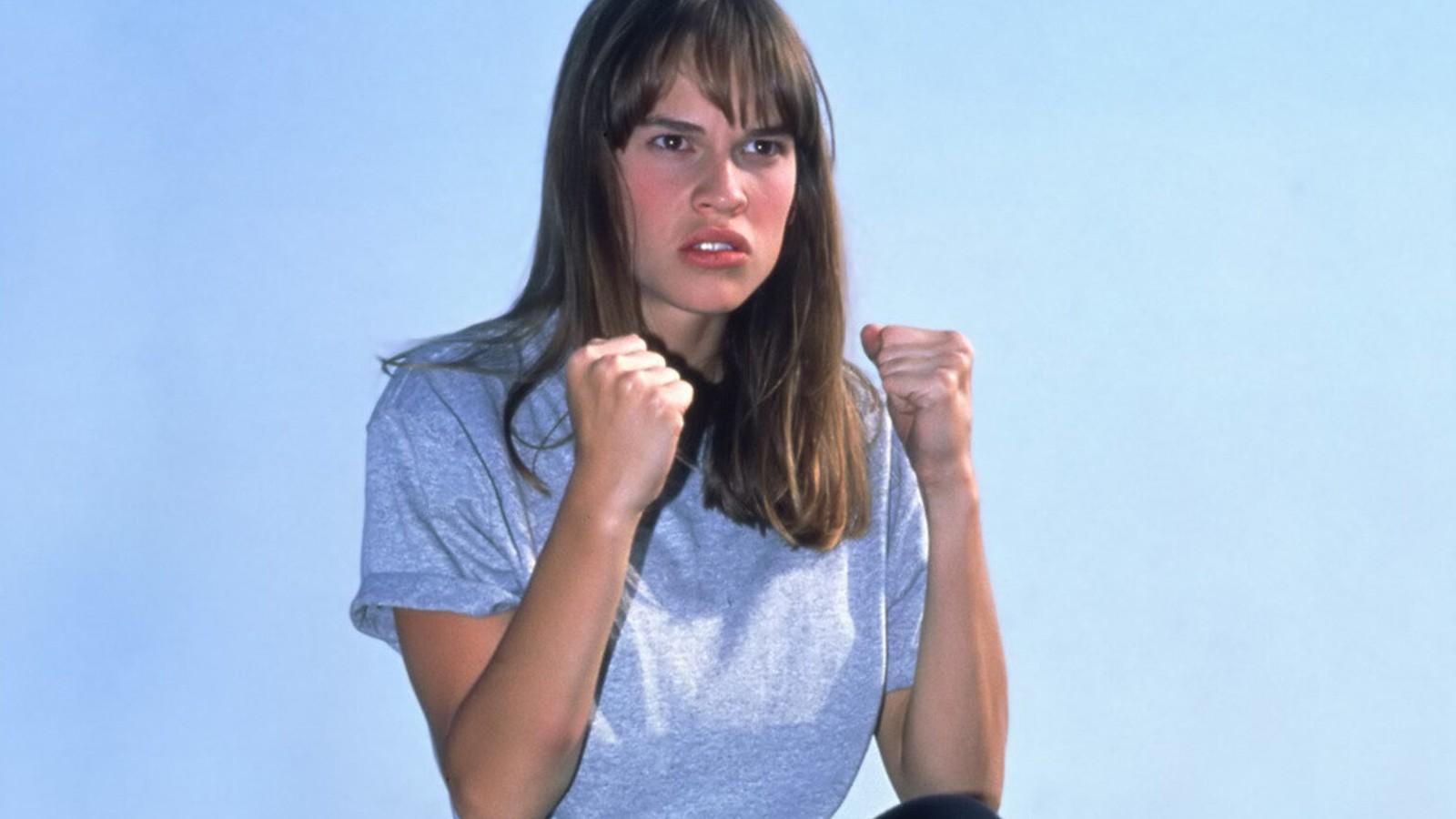 Hilary Swank with fists up ready to fight in The Next Karate Kid.