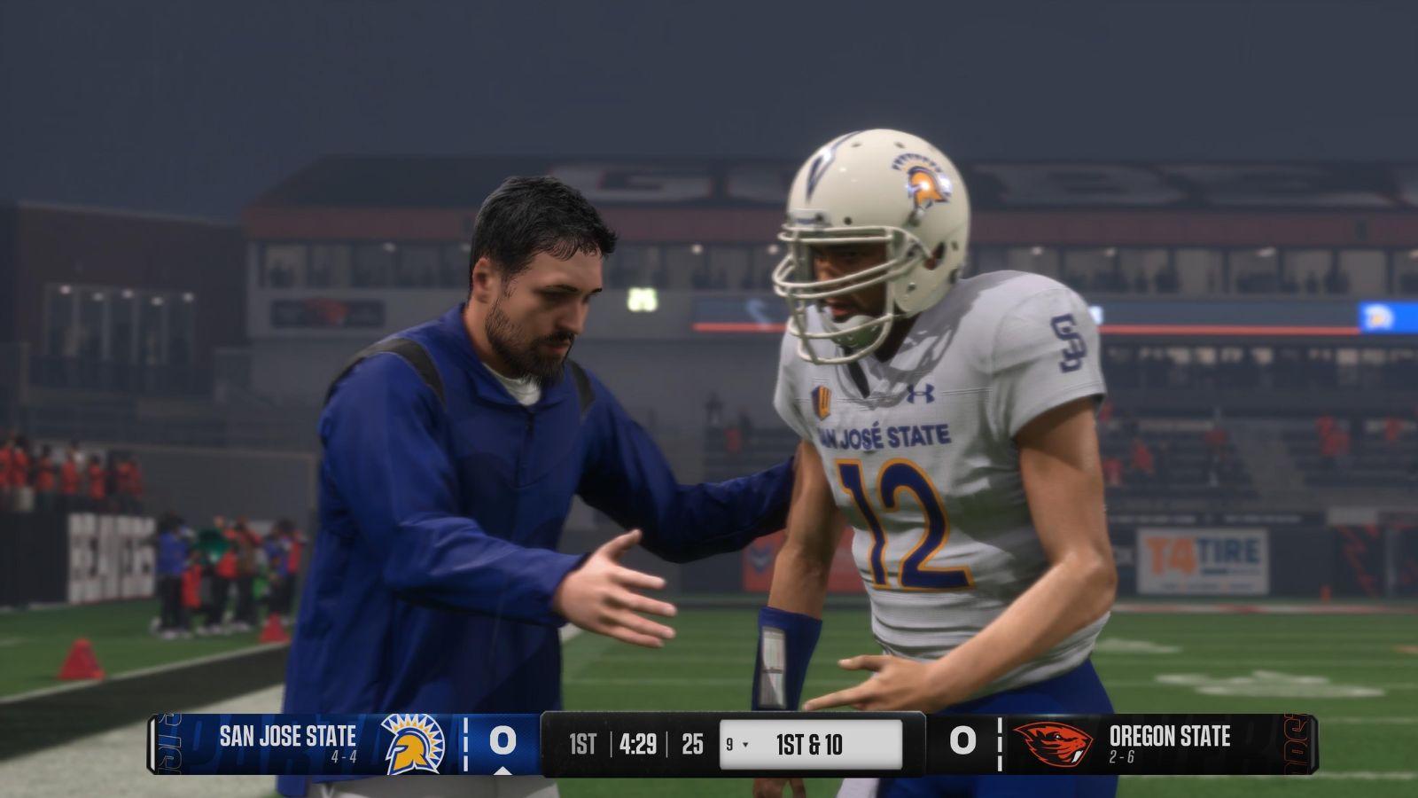 A screenshot of a coach and player in College Football 25.