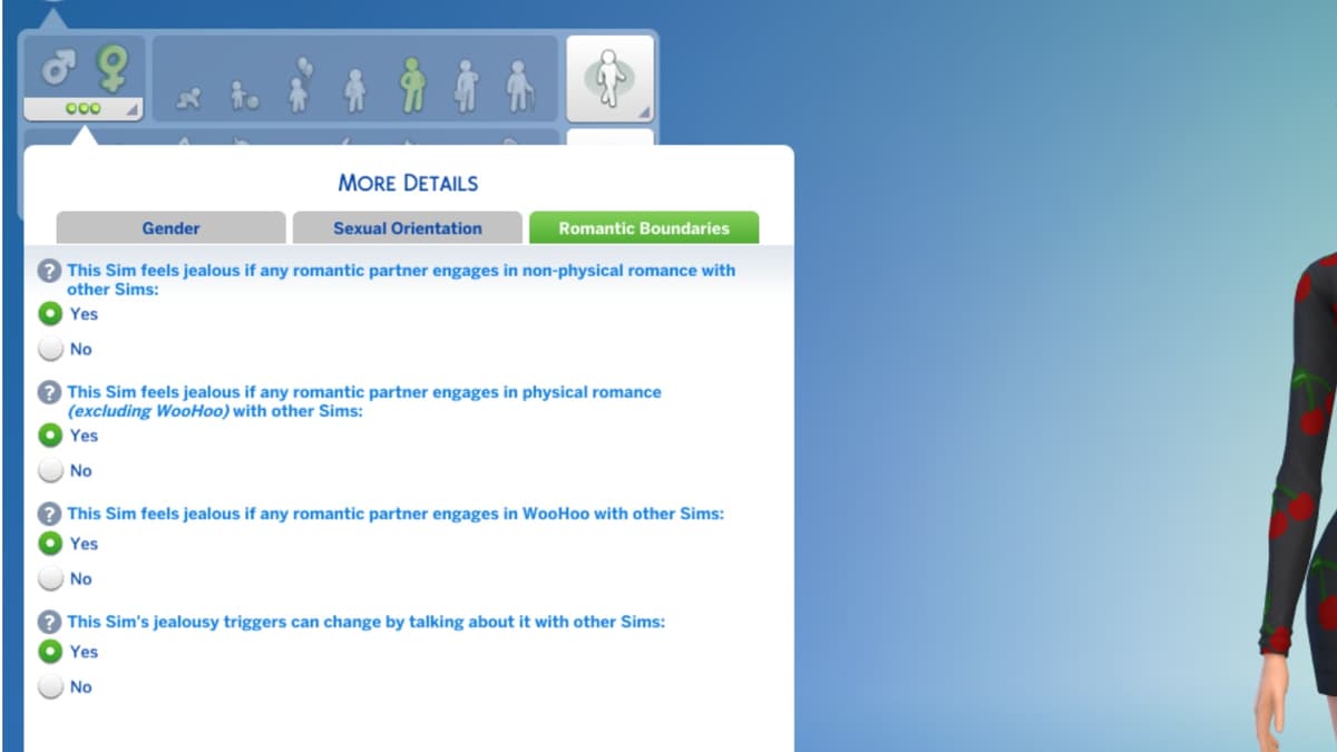 A screenshot featuring Romantic Boundaries options in The Sims 4.