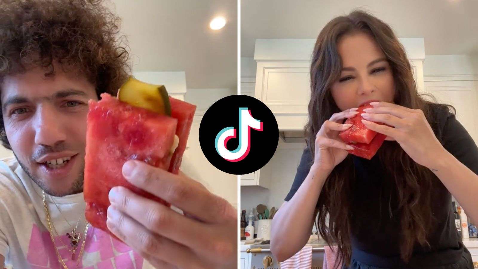 Selena Gomez trying watermelon pickle sandwich