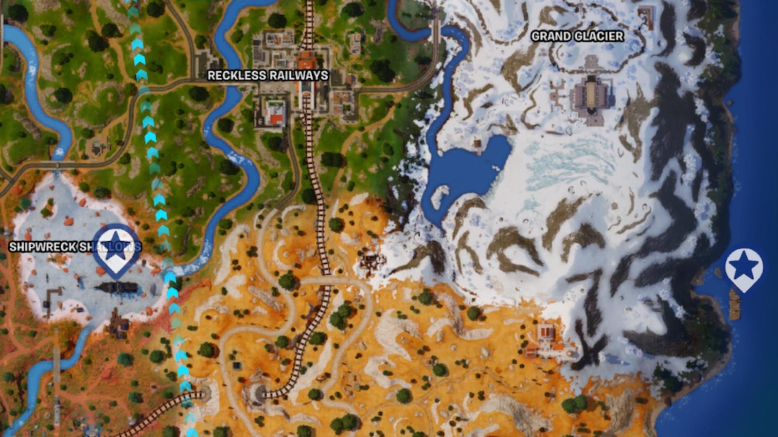 Une capture d'écran présentant les emplacements des navires dans Fortnite.