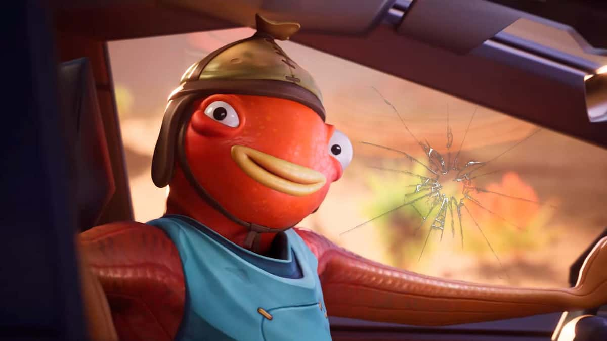 Fishticks driving a Tesla Cybertruck with a shattered window in Fortnite