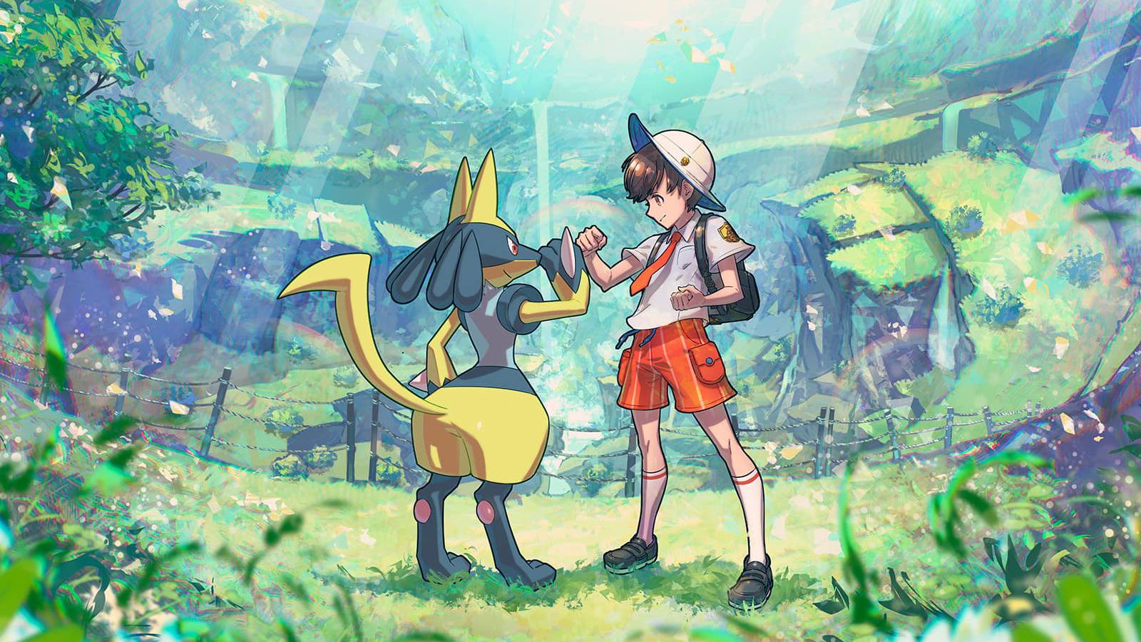 A Pokemon trainer stands next to a Shiny Lucario