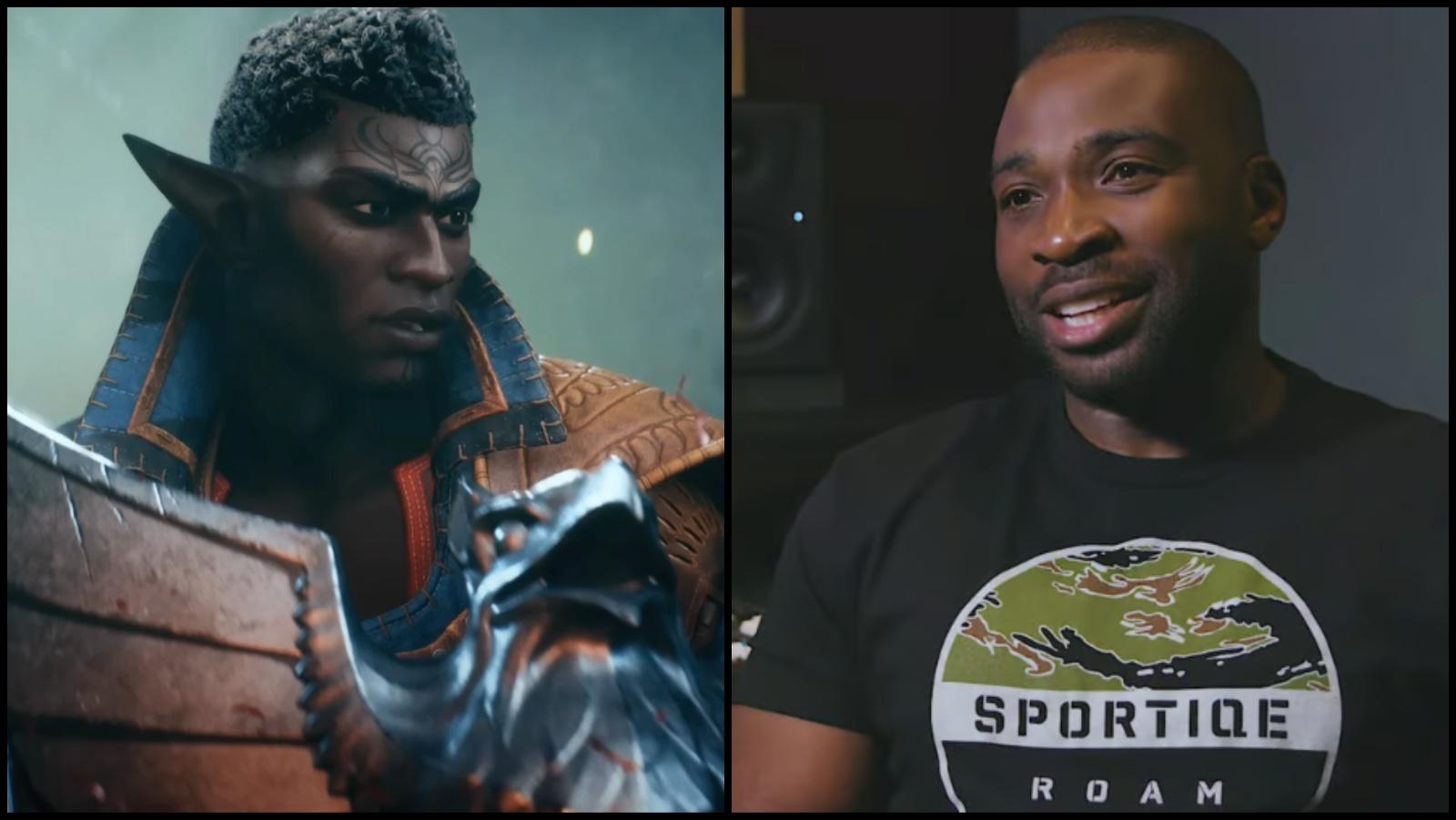 A custom image of Davrin from Dragon Age: The Veilguard, and voice actor Ike Amadi.