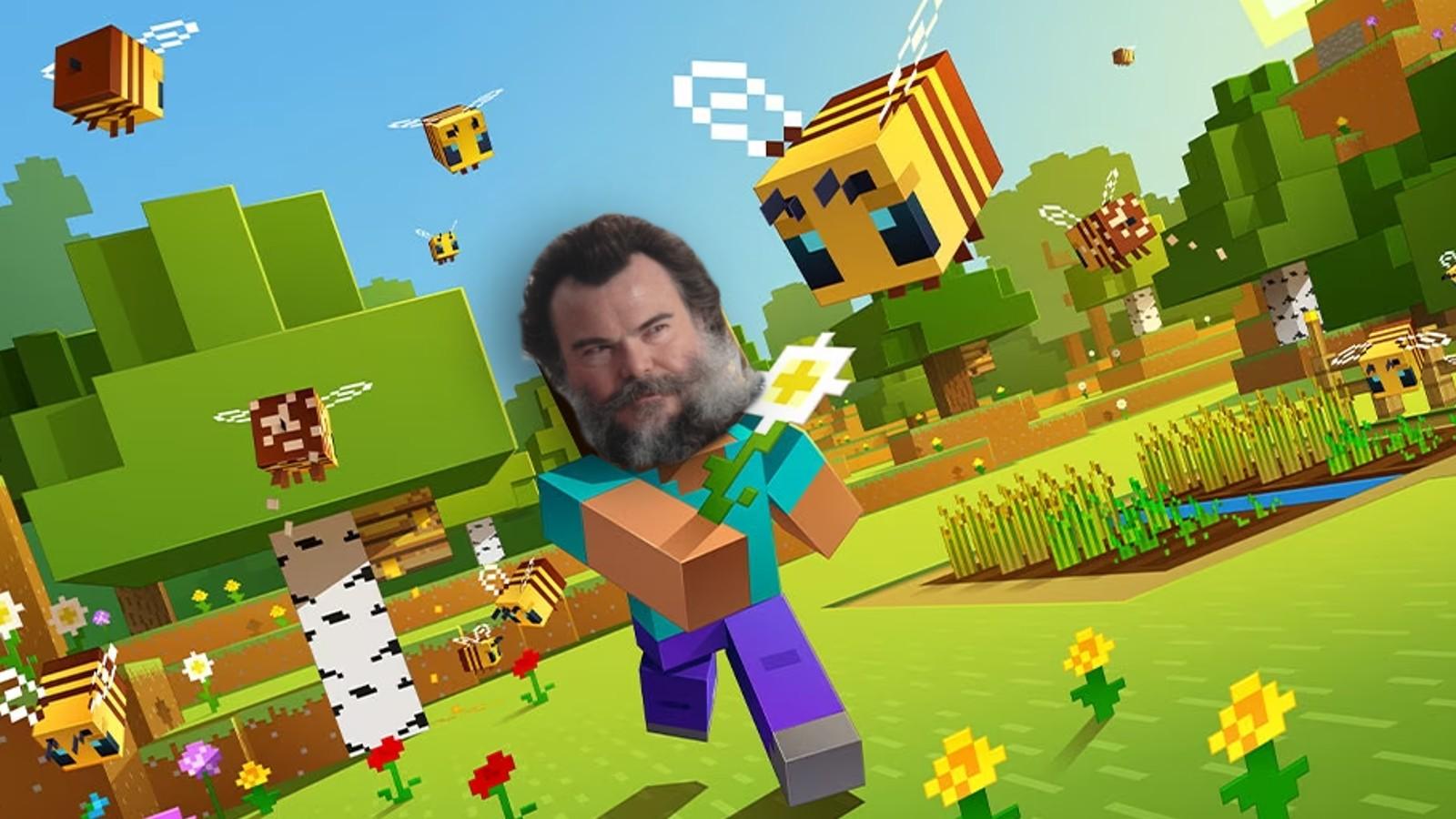 An image from Minecraft with Jack Black's head edited on