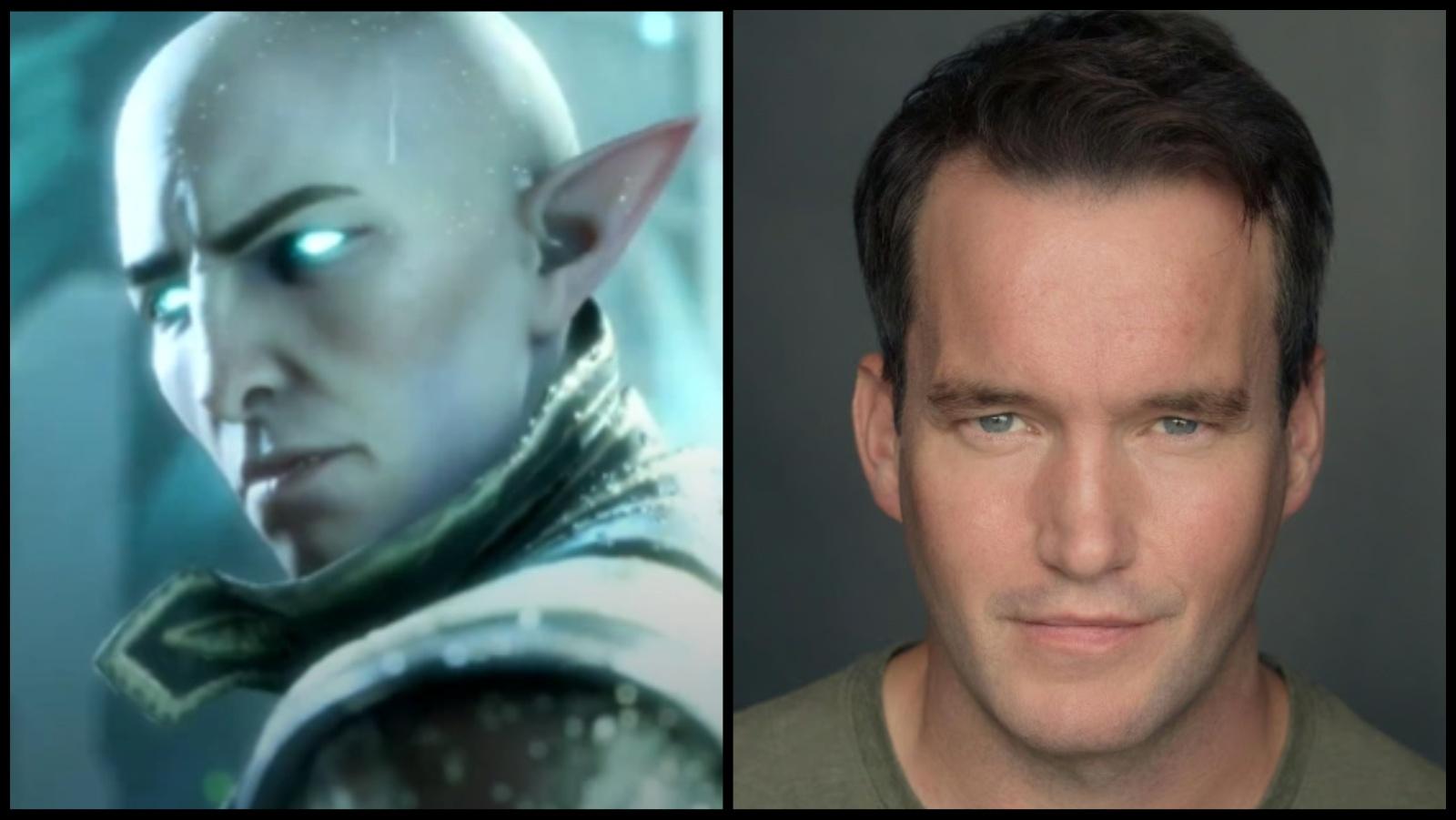 A custom image of Solas in Dragon Age: The Veilguard, and voice actor Gareth David-Lloyd.