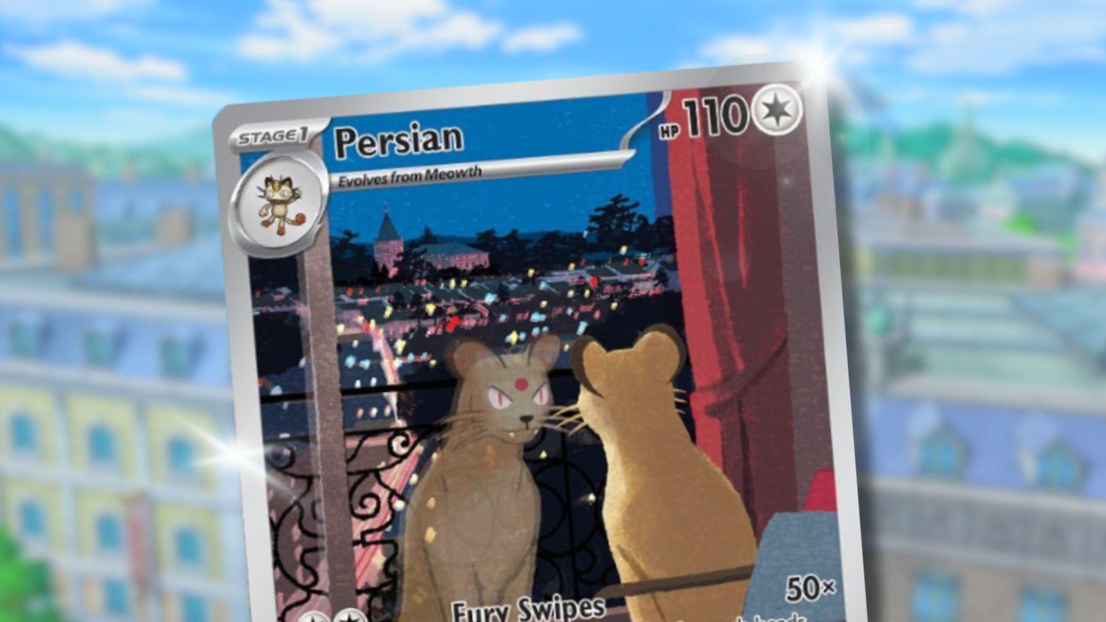 Persian Pokemon card with anime background.