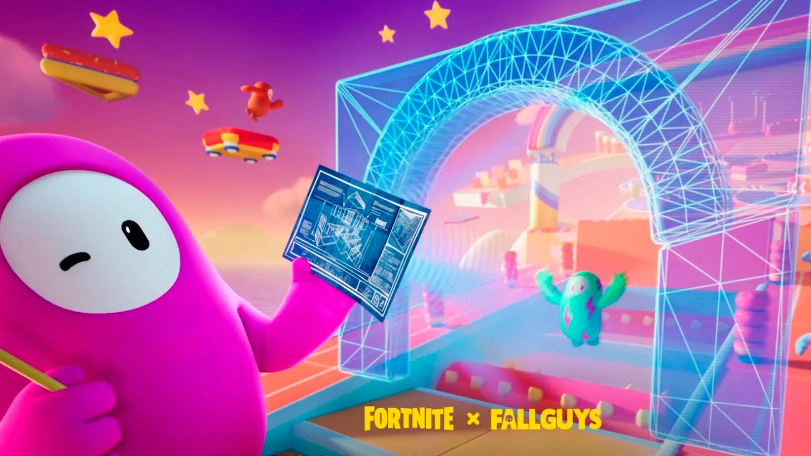 Fortnite Fall Guys promo art with a bean holding a building blueprint