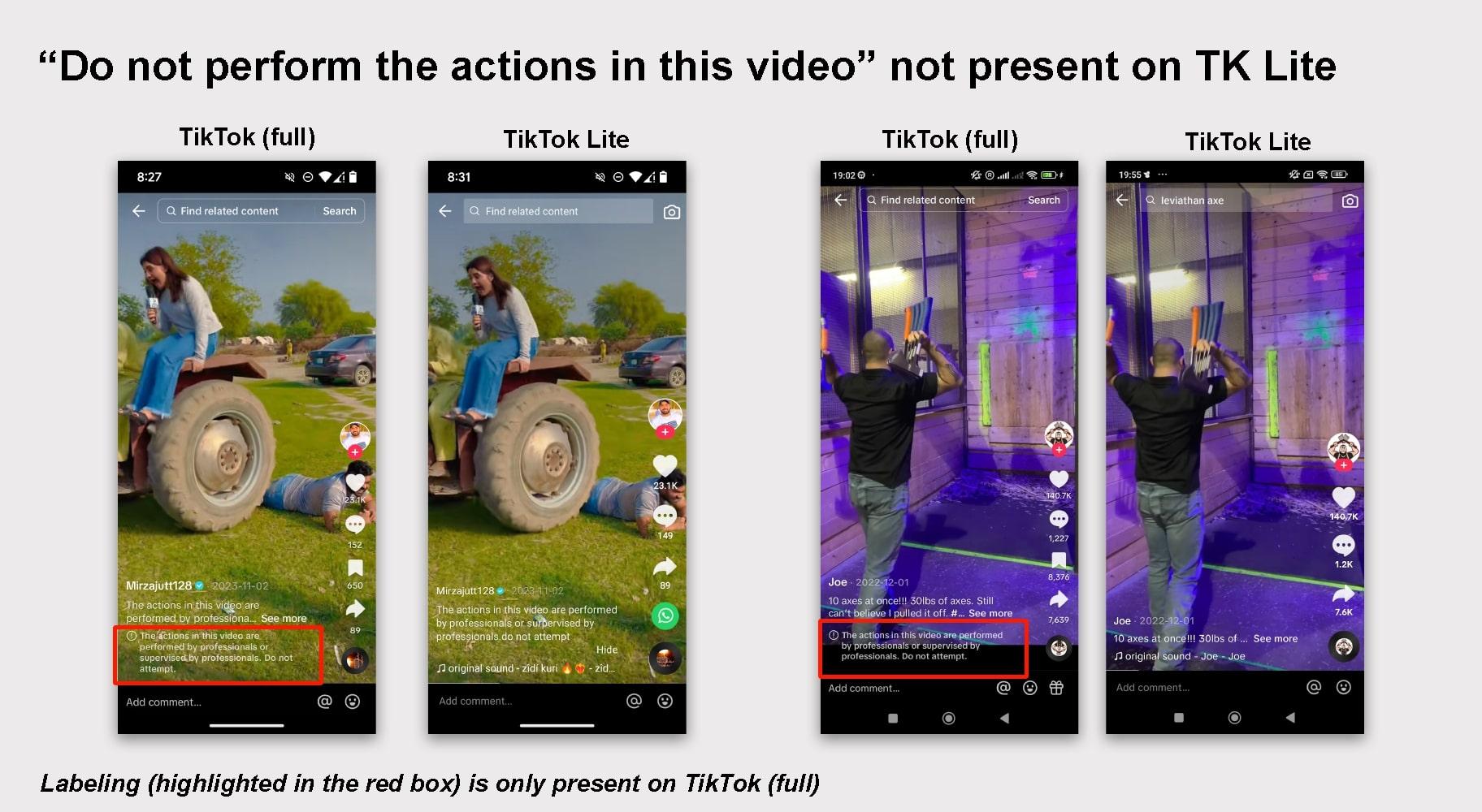 Screenshots showing the content warning differences between TikTok Lite and TikTok