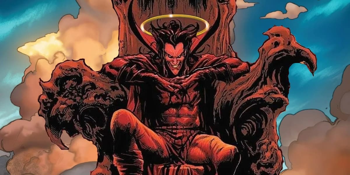 Comic panel of Mephisto sitting on a chair with a halo around his head