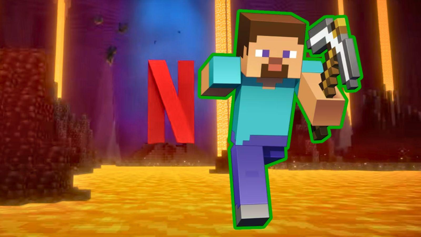 A Minecraft character in front of the Netflix logo.