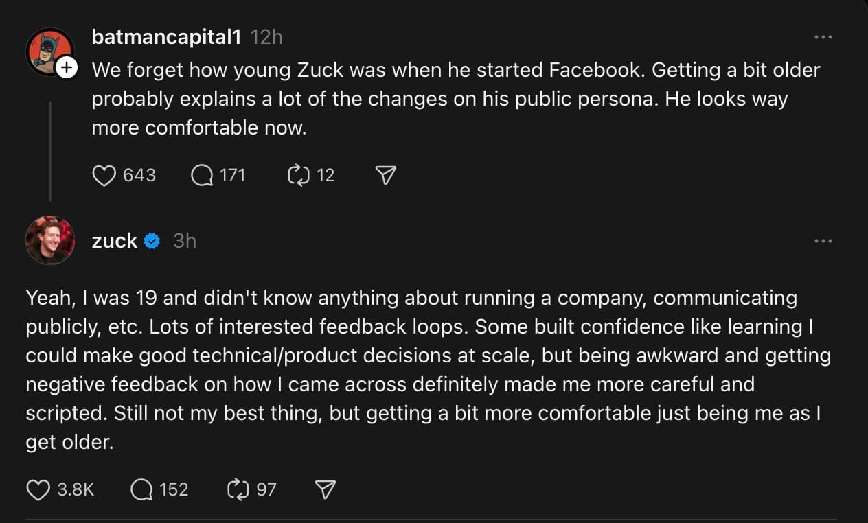 a screenshot of a threads post with Mark Zuckerberg replying