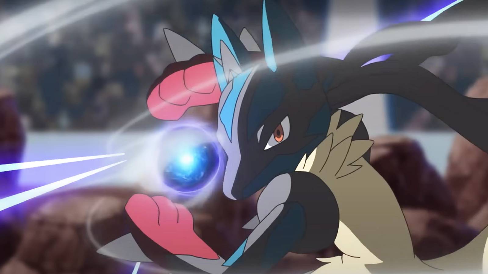 A screenshot from the Pokemon anime shows Mega Lucario readying the attack Aura Sphere