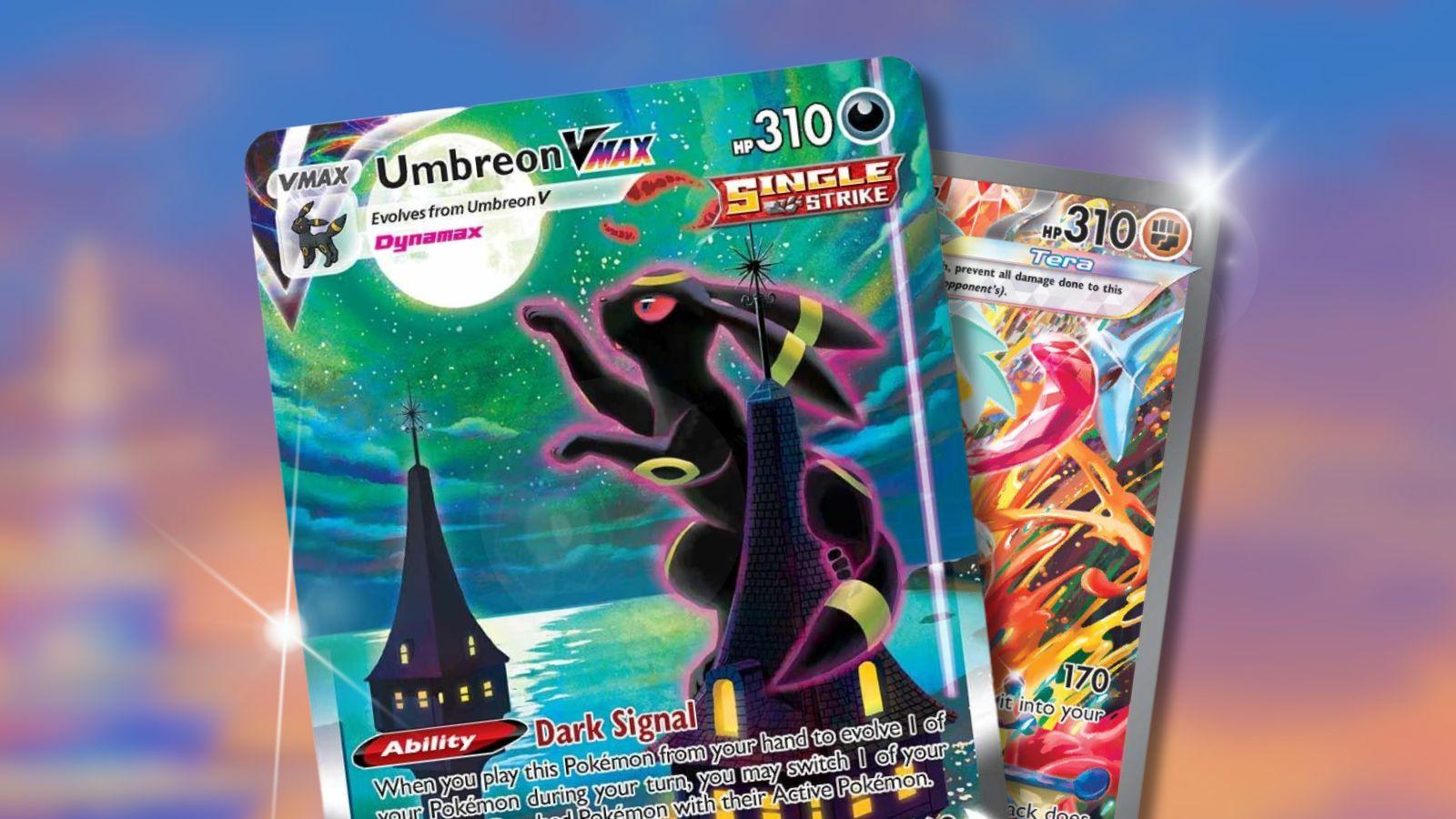 Umbreon and Greninja Pokemon cards with anime background and sparkles.