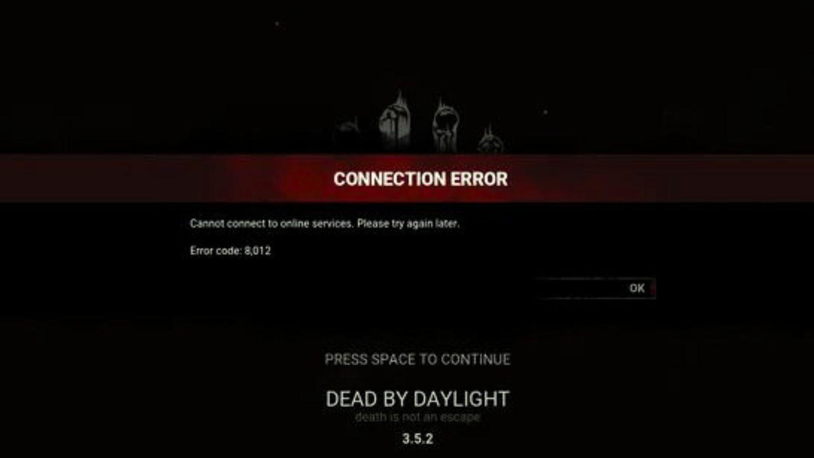 Изображение экрана ошибки 8012 в Dead By Daylight.